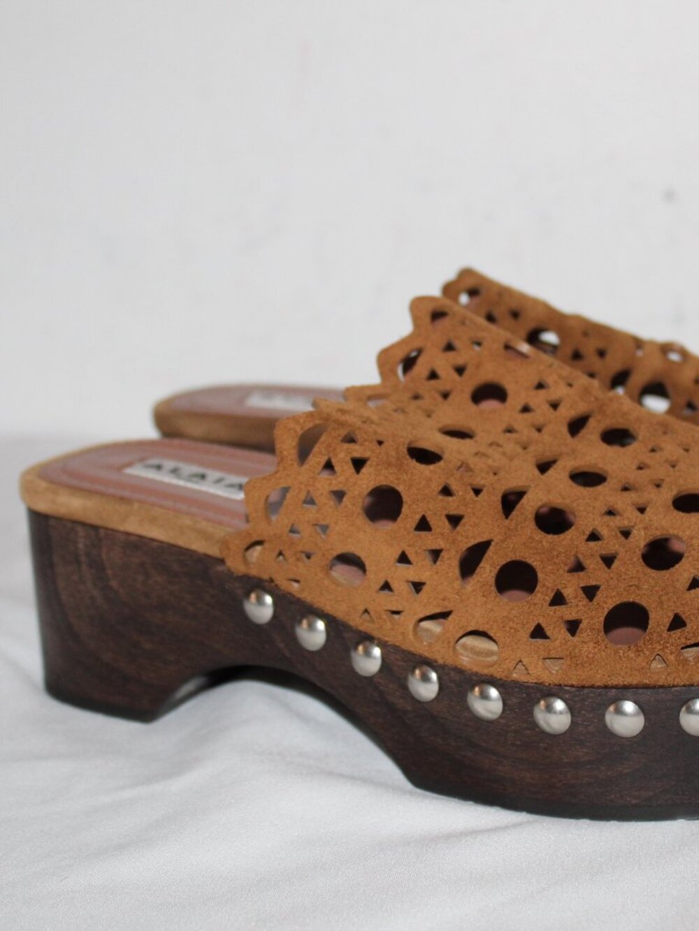 Alaïa Alaia Vienne Cut Out Suede Leather Wood Pumps Rivet Studded Clogs Mules 38 - Picture 5 of 7